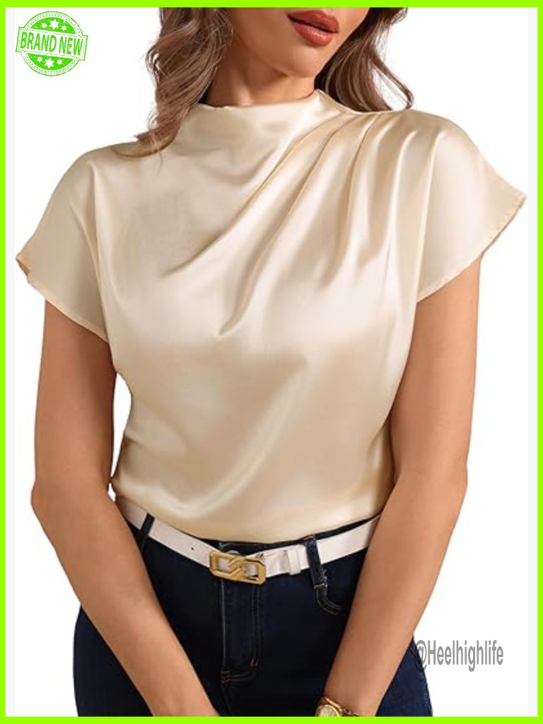 Mock Neck Satin Blouse Dolman Short Sleeve Ruched Elegant Top